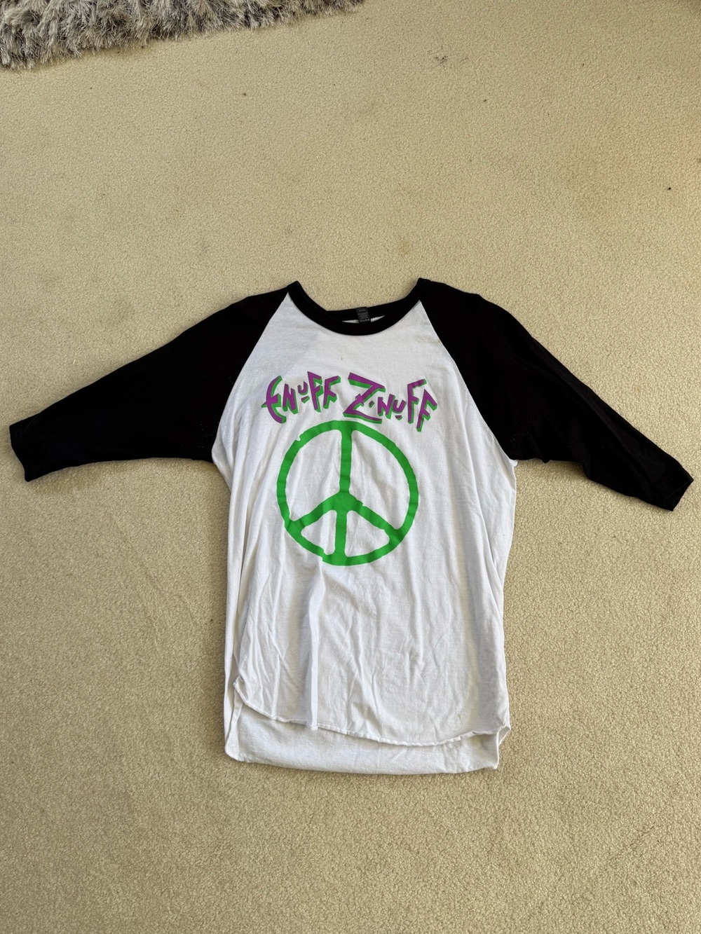 Tultex White & Black Raglan Tee with Green Peace Graphic